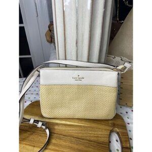 Kate Spade New York Straw & Leather Crossbody Bag – Neutral/White
